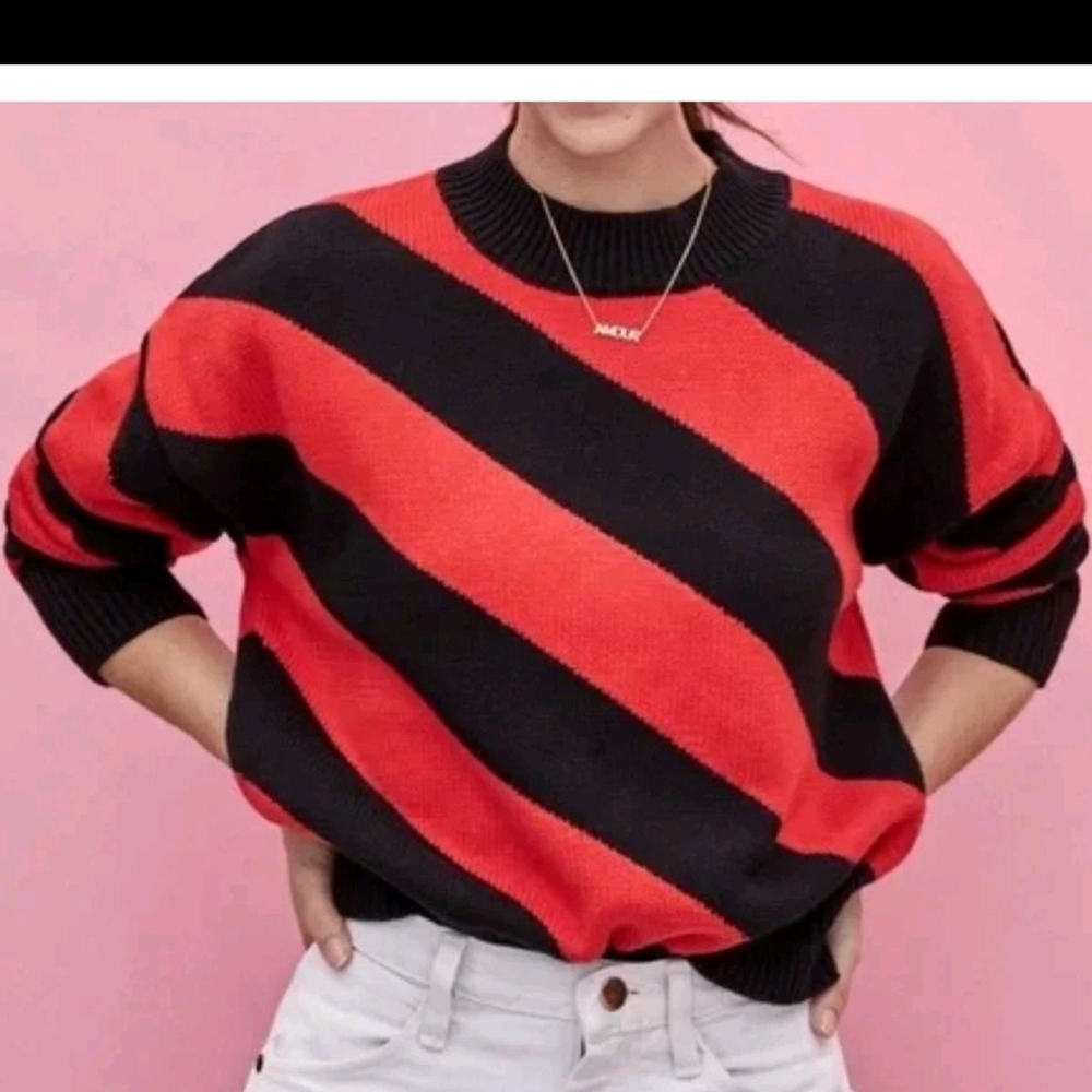 Clare V Drop Shoulder Poppy Red Black Stripe Sweater Cotton Cashmere Womens M